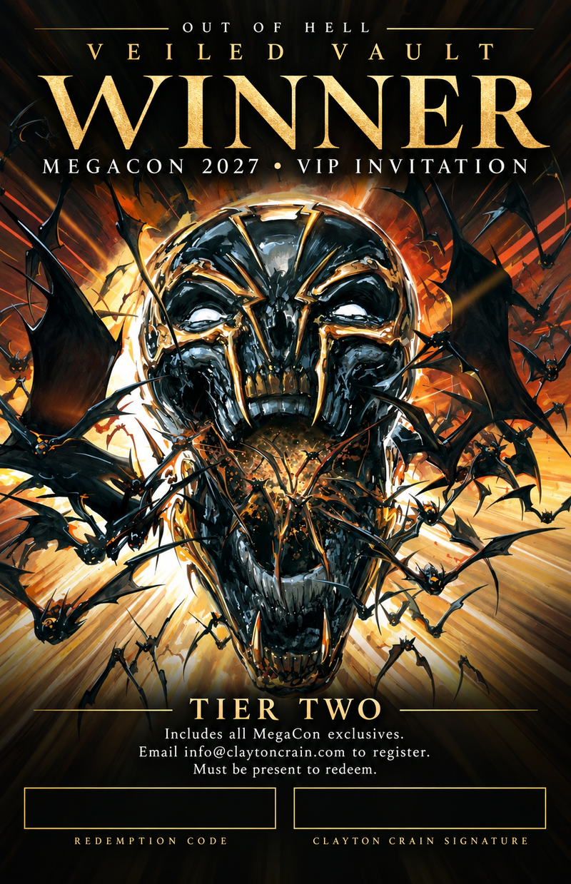 Veiled Vault winner invitation for MegaCon 2027, Tier Two. Includes all MegaCon exclusives. Must be present to redeem.