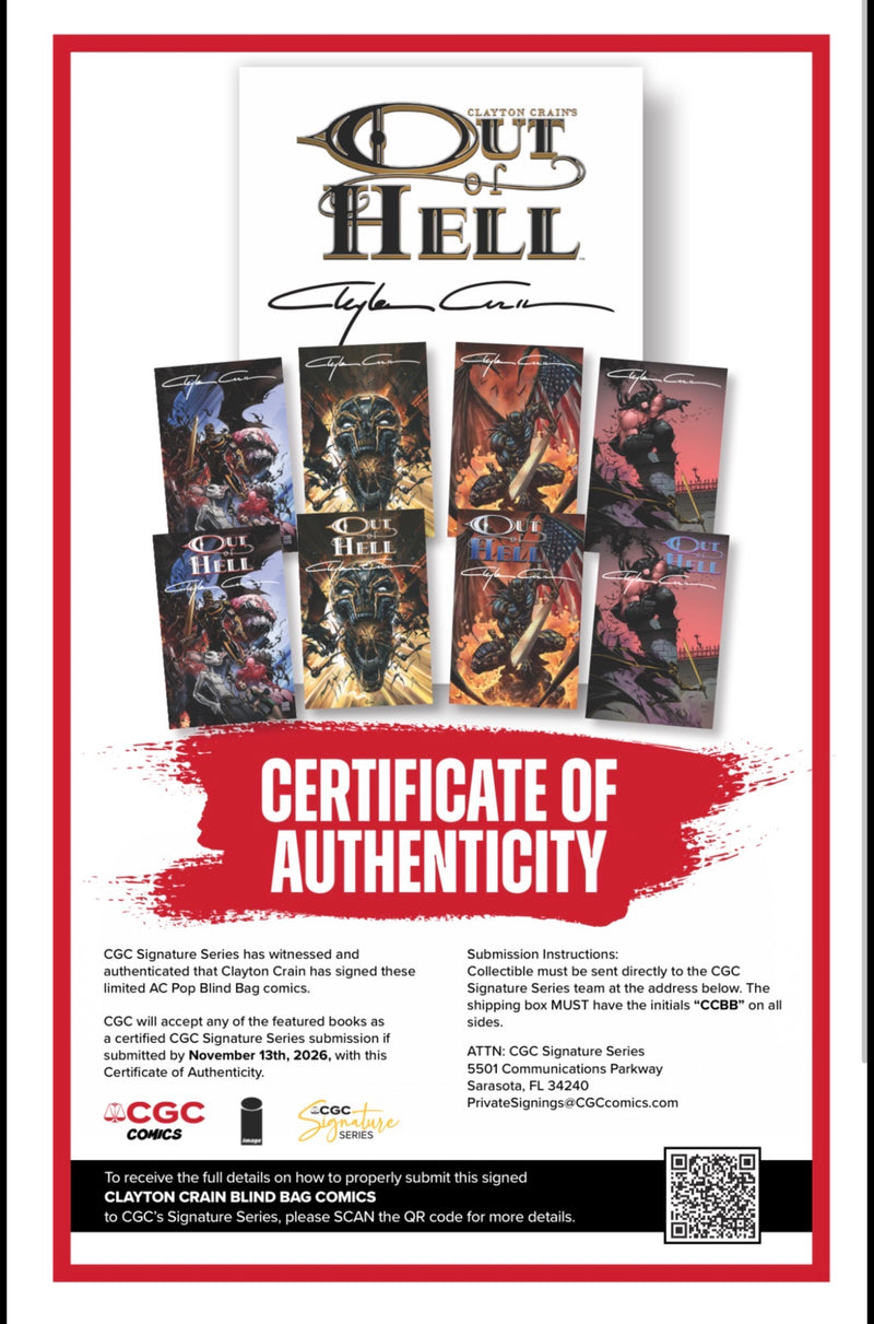 CGC Certificate of Authenticity for Clayton Crain signed Out of Hell comics, with submission instructions